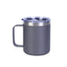 Closeup side view product image of a grey mug with handle, silver lip rim and a clear plastic lid