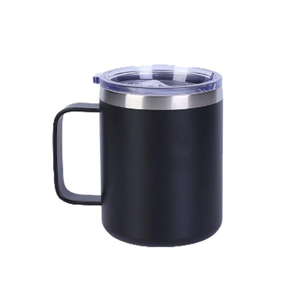 Closeup side view product image of a black mug with handle, silver lip rim and a clear plastic lid