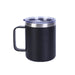 Closeup side view product image of a black mug with handle, silver lip rim and a clear plastic lid