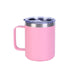 Closeup side view product image of a pink mug with handle, silver lip rim and a clear plastic lid