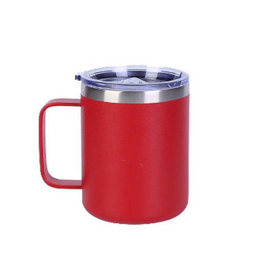 Closeup side view product image of a bright red mug with handle, silver lip rim and a clear plastic lid