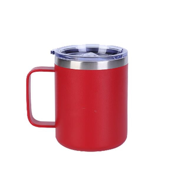 Closeup side view product image of a bright red mug with handle, silver lip rim and a clear plastic lid