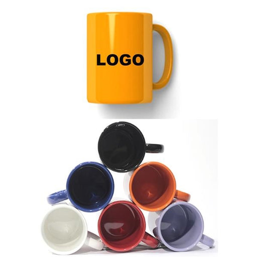 Closeup side view product image of a yellow ceramic mug with handle and the word logo printed on the side. Image also has a tack of solid color mugs in different colors stacked in a pyramid 