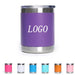 Closeup product image of a purple Stainless Steel Tumbler Cup with clear plastic lid with the word logo printed on the front and other color variations at the bottom of the image in pink, white, medium blue, aqua, orange and light pink