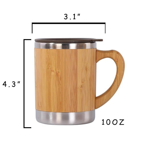 Side view image of a bamboo wood mug with stainless-steel at the top and bottom of the mug with a dark brown plastic sip lid. Image has the product measurements 3.1" wide x 4.3" tall and the word 10 oz