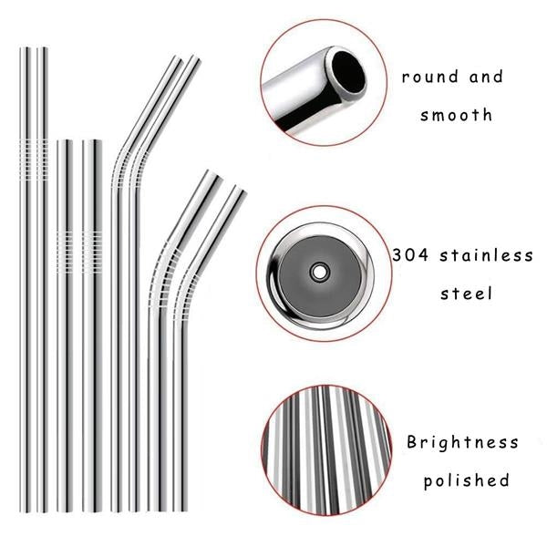 BPA-Free Stainless Steel Straws with Bag - 10 Pcs