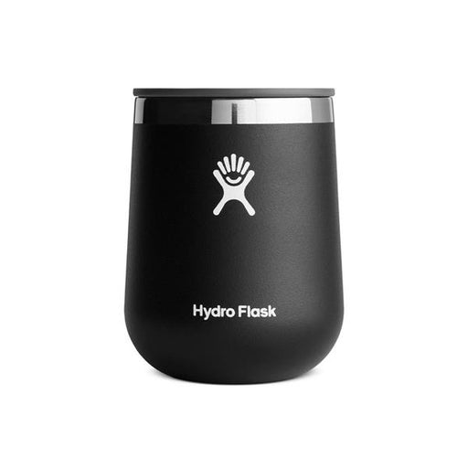 Closeup product image of a black drink tumbler with a silver metal collar at the top against a white background. The black tumbler has the word Hydro Flask printed on the front in white and a white logo