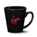 Closeup product image of black ceramic mug handle and red Virgin logo printed on the side against a white background