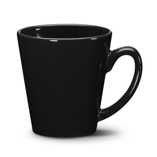 Closeup product image of black ceramic mug handle against a white background