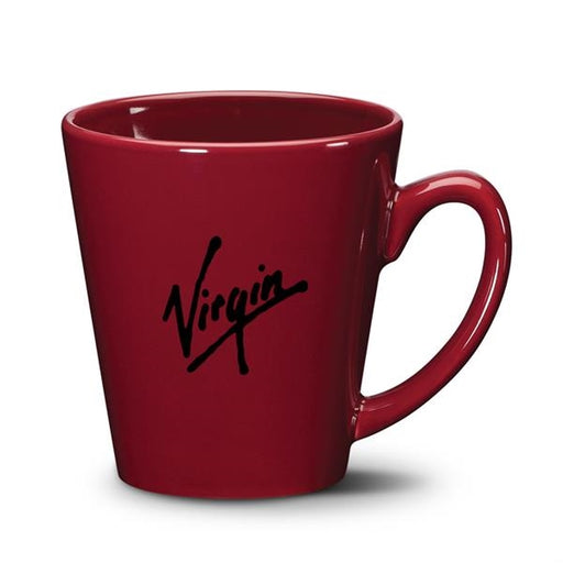 Closeup product image of burgundy ceramic mug with handle and black Virgin logo printed on the side against a white background
