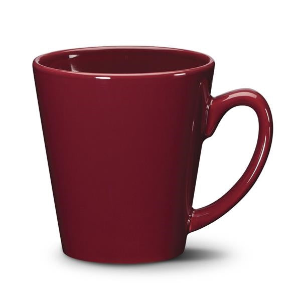 Closeup product image of burgundy ceramic mug with handle against a white background