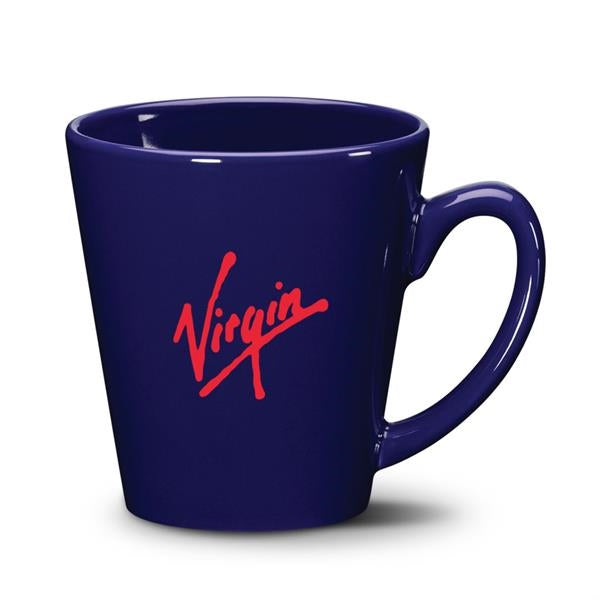 Closeup product image of blue ceramic mug with handle and red Virgin logo printed on the side against a white background