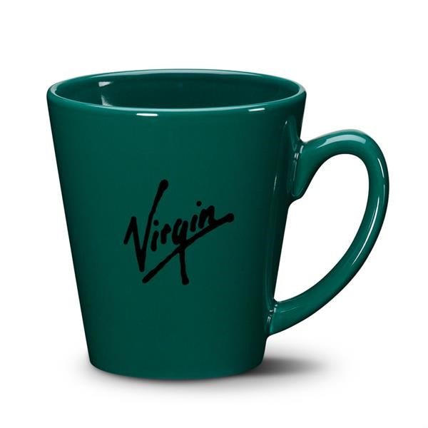 Closeup product image of green ceramic mug with handle and black Virgin logo printed on the side against a white background