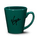 Closeup product image of green ceramic mug with handle and black Virgin logo printed on the side against a white background