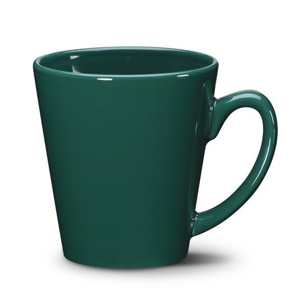 Closeup product image of green ceramic mug with handle against a white background