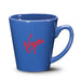 Closeup product image of medium blue ceramic mug with handle and red Virgin logo printed on the side against a white background