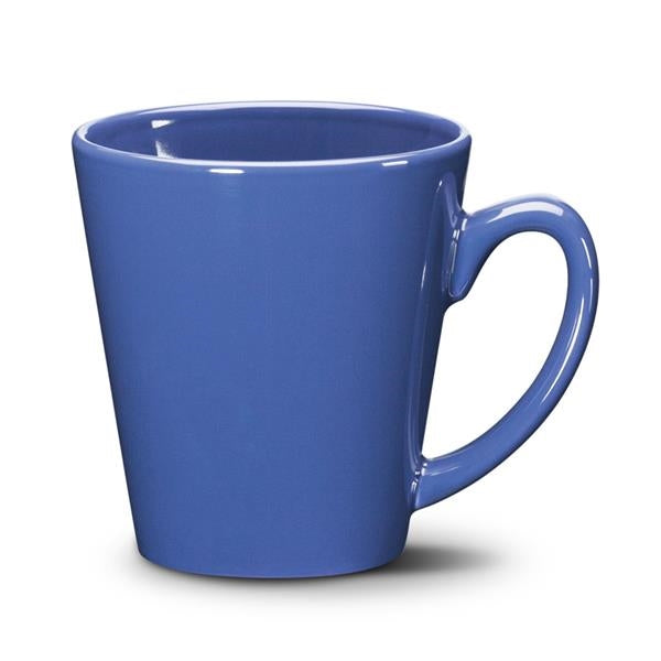 Closeup product image of medium blue ceramic mug with handle against a white background