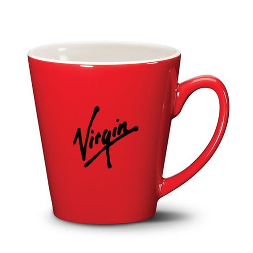 Closeup product image of red ceramic mug with white interior and handle and black Virgin logo printed on the side against a white background