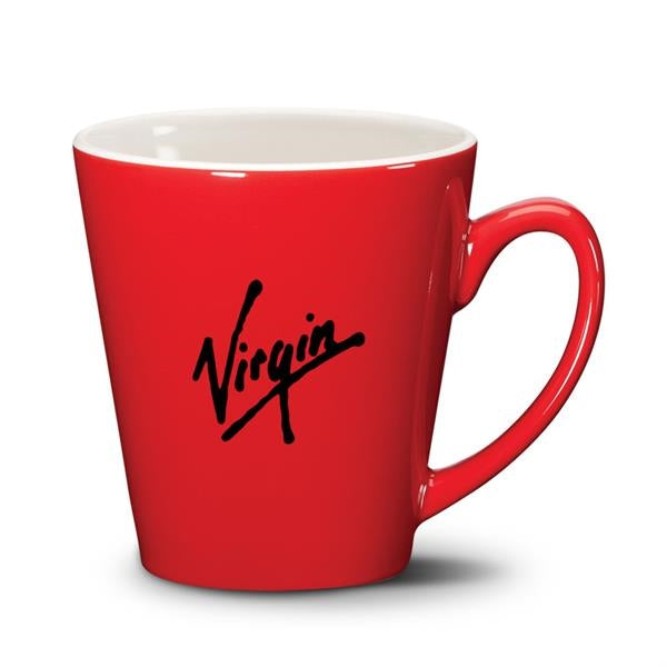 Closeup product image of red ceramic mug with white interior and handle and black Virgin logo printed on the side against a white background