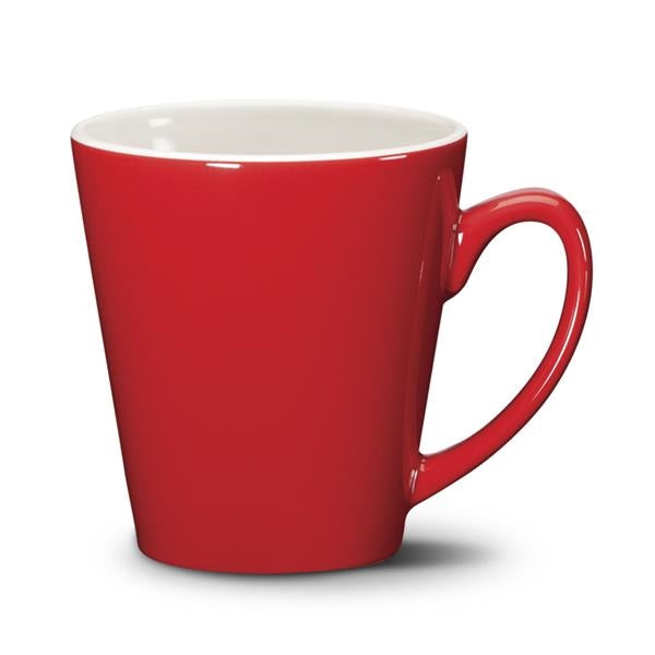 Closeup product image of red ceramic mug with white interior and handle against a white background