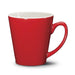 Closeup product image of red ceramic mug with white interior and handle against a white background