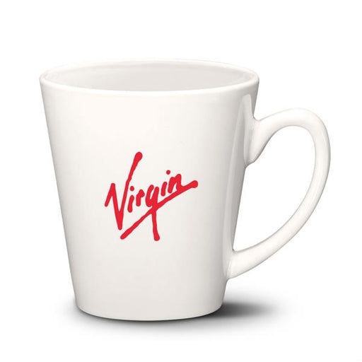 Closeup product image of white ceramic mug with white interior and handle and red Virgin logo printed on the side against a white background