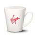 Closeup product image of white ceramic mug with white interior and handle and red Virgin logo printed on the side against a white background