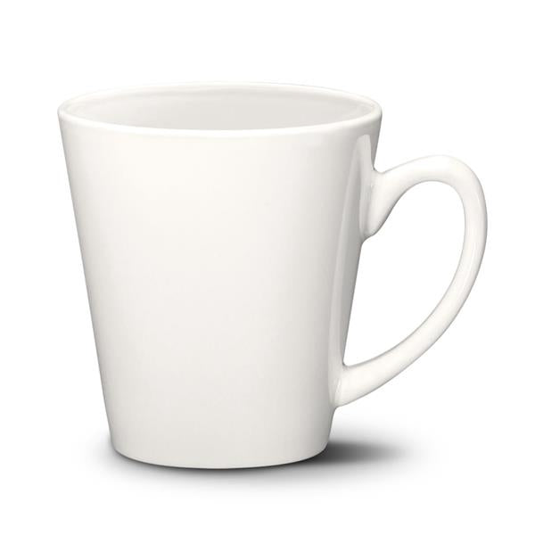 Closeup product image of white ceramic mug with white interior and handle against a white background