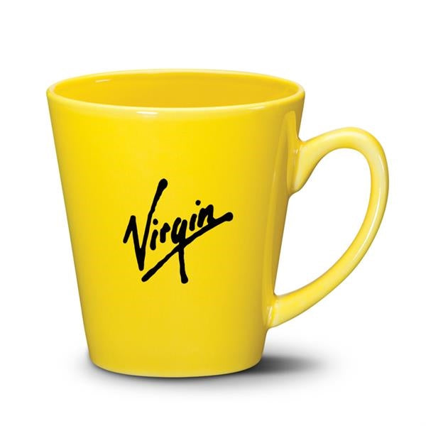 Closeup product image of yellow ceramic mug with handle and black Virgin logo printed on the side against a white background