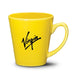 Closeup product image of yellow ceramic mug with handle and black Virgin logo printed on the side against a white background