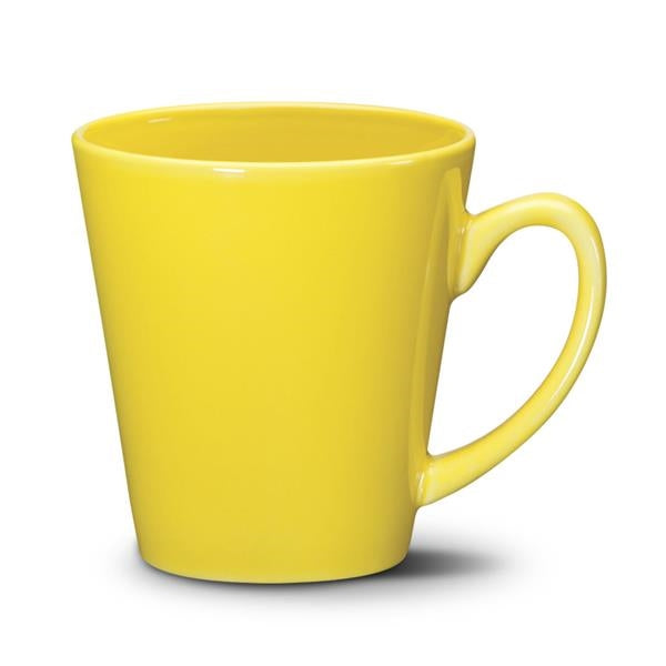 Closeup product image of yellow ceramic mug with handle against a white background