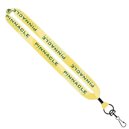 Closeup product image of a yellow printed lanyard with the word pinnacle agriculture printed in green and a swivel snap hook for a name badge