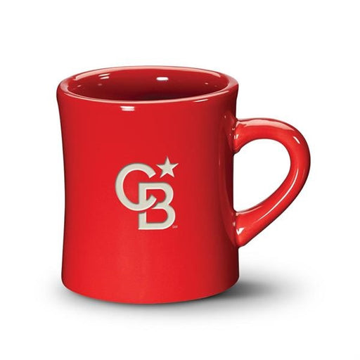 Closeup side view product image of a shiny glazed fire engine red handled mug against a white background with the letters C and B and a star etched into the glaze in white