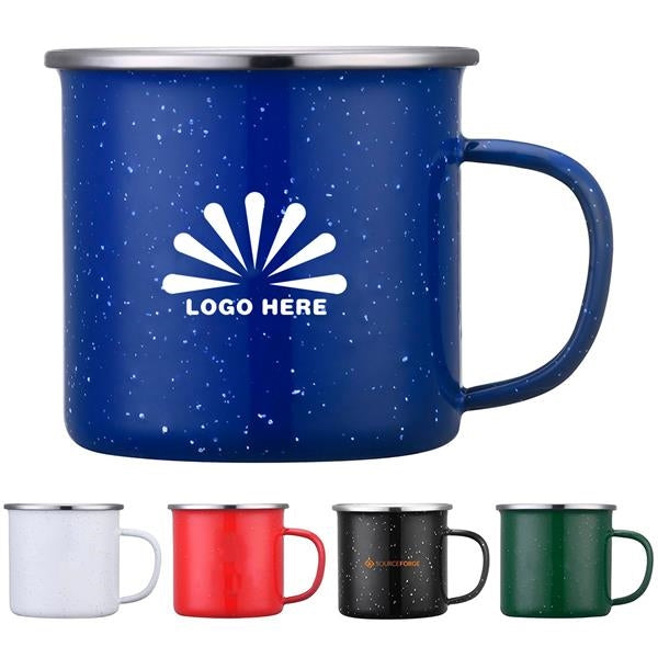 Closeup product image of a blue enamel camp mug with handle and a white logo with the words logo here on the front.  At the bottom of the image are white, red, black and green enamel handled mugs lined up