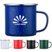 Closeup product image of a blue enamel camp mug with handle and a white logo with the words logo here on the front.  At the bottom of the image are white, red, black and green enamel handled mugs lined up