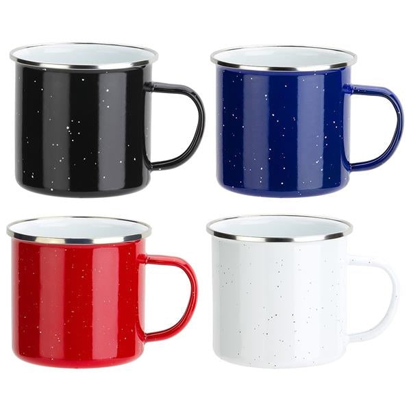 Closeup product image of four enamel camp mugs with handles, silver rims and white inside mug color. Image mug colors are black, blue, red and white