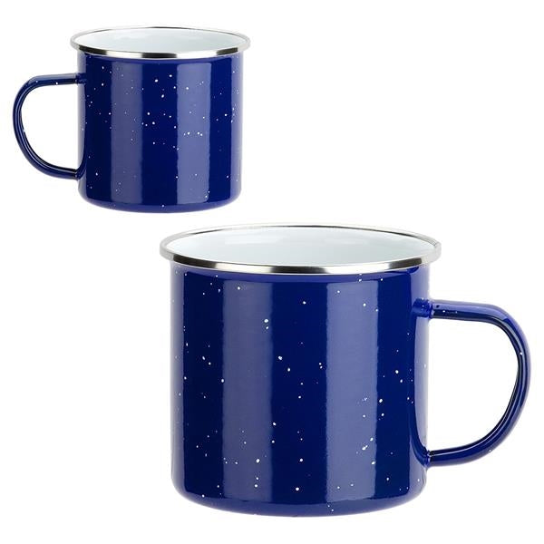 Closeup product image of two blue enamel camp mugs with handles, silver rims and white inside mug color.