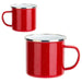Closeup product image of two red enamel camp mugs with handles, silver rims and white inside mug color.