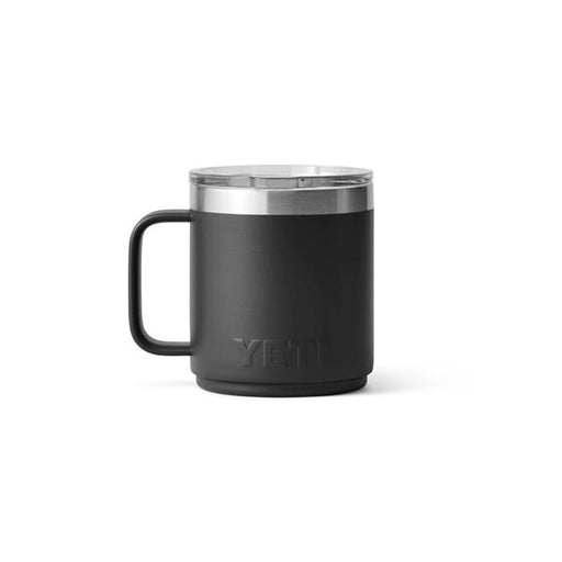 Closeup side view product image of a black mug with handle and silver metal at the top rim with a clear plastic lid and the word Yeti on the front