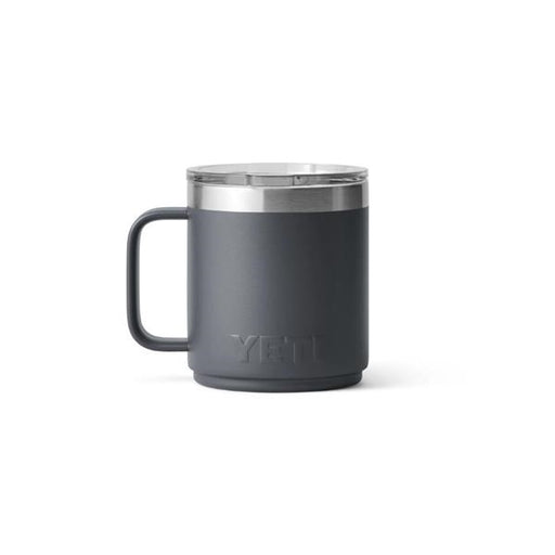 Closeup side view product image of a charcoal mug with handle and silver metal at the top rim with a clear plastic lid and the word Yeti on the front
