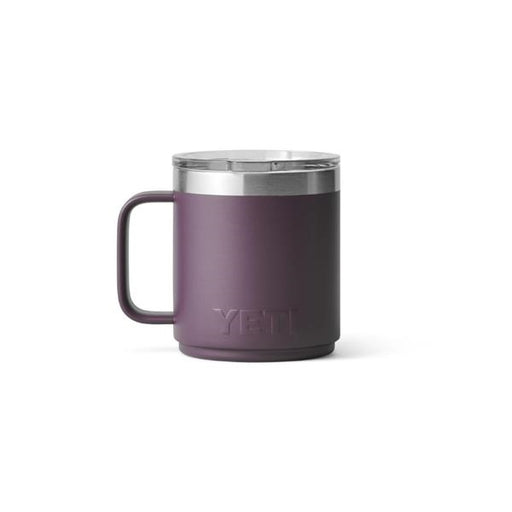 Closeup side view product image of a maroon mug with handle and silver metal at the top rim with a clear plastic lid and the word Yeti on the front