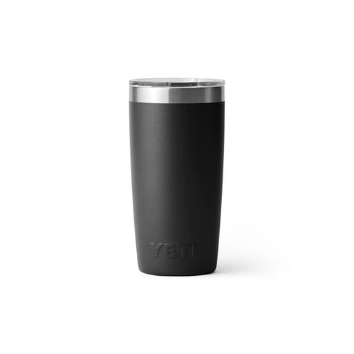 Closeup side view product image of a black tumbler mug with silver metal at the top rim with a clear plastic lid and the word Yeti on the front