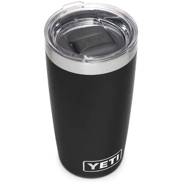 Closeup top view product image of a black tumbler mug with silver metal at the top rim with a clear plastic lid and the word Yeti on the front