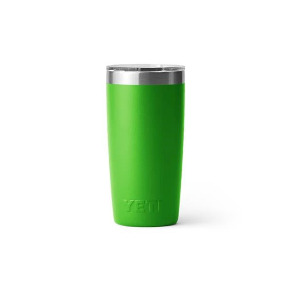 Closeup side view product image of a bright green tumbler mug with silver metal at the top rim with a clear plastic lid and the word Yeti on the front