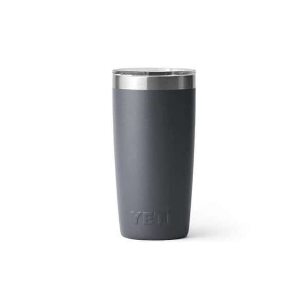 Closeup side view product image of a charcoal tumbler mug with silver metal at the top rim with a clear plastic lid and the word Yeti on the front