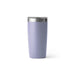 Closeup side view product image of a lilac purple tumbler mug with silver metal at the top rim with a clear plastic lid and the word Yeti on the front