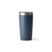 Closeup side view product image of a blue tumbler mug with silver metal at the top rim with a clear plastic lid and the word Yeti on the front