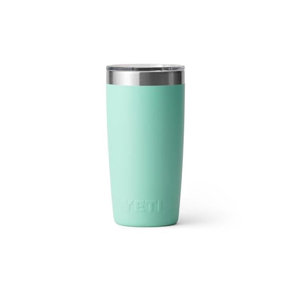 Closeup side view product image of a aqua mint green tumbler mug with silver metal at the top rim with a clear plastic lid and the word Yeti on the front