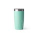 Closeup side view product image of a aqua mint green tumbler mug with silver metal at the top rim with a clear plastic lid and the word Yeti on the front