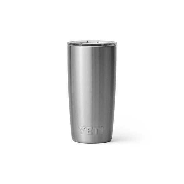 Closeup side view product image of a stainless steel tumbler mug with a clear plastic lid and the word Yeti on the front